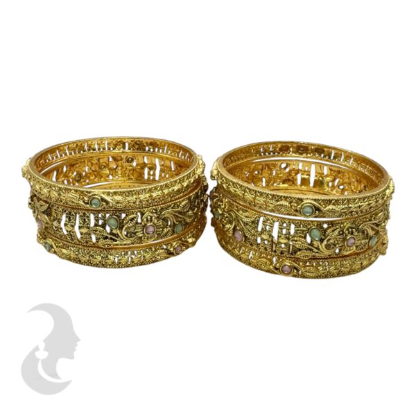 Gold Bangles- Floral Design- Mint & Baby Pink Color Stones- 6 Bangle Set, Product Code: V-2174 - Image 2