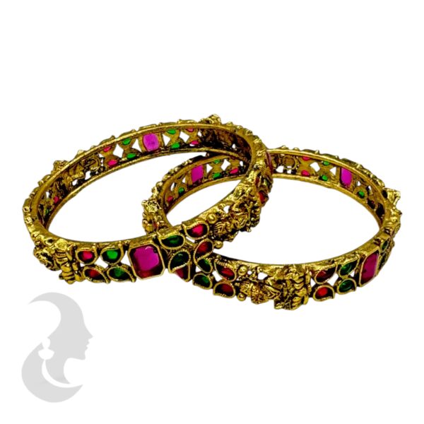 Antique Gold Bangles- Lakshmi Design- Pink & Green Color Stones- 2 Bangle Set, Product Code: V-2176