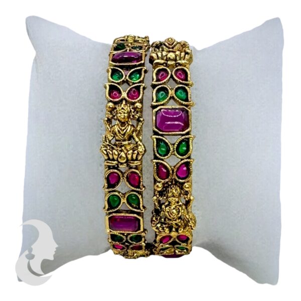 Antique Gold Bangles- Lakshmi Design- Pink & Green Color Stones- 2 Bangle Set, Product Code: V-2176 - Image 2