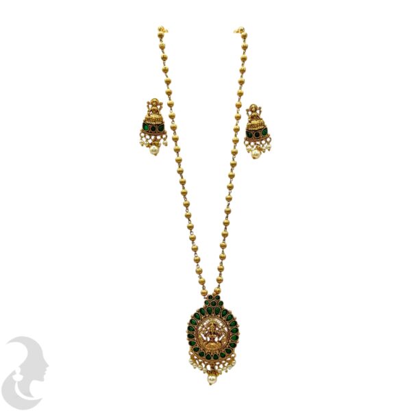 Beads Necklace- Lakshmi Design- Green Color Stones- Lakshmi Studs, Product Code: V-1092