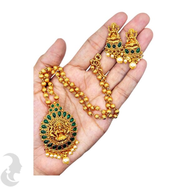 Beads Necklace- Lakshmi Design- Green Color Stones- Lakshmi Studs, Product Code: V-1092 - Image 2