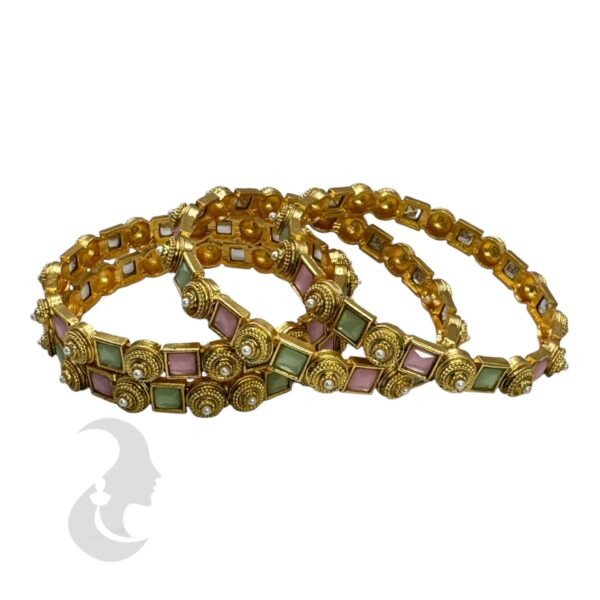 Gold Bangles- Mint & Pink Color Stones-  4 Bangle Set, Product Code: V-2183