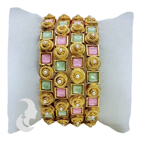 Gold Bangles- Mint & Pink Color Stones-  4 Bangle Set, Product Code: V-2183 - Image 2