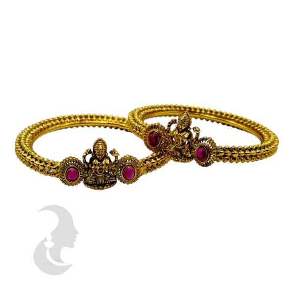 Gold Bangles- Lakshmi Design- Ruby Color Stones- 2 Bangle Set, Product Code: V-2187