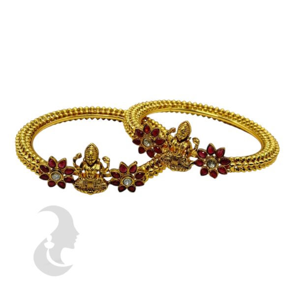 Gold Bangles- Lakshmi Design- Ruby Color Stones- 2 Bangle Set, Product Code: V-2188