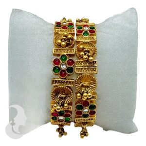 Gold Bangles- Ruby & Green Color Stones- Gold Hangings- 2 Bangle Set, Product Code: V-2190
