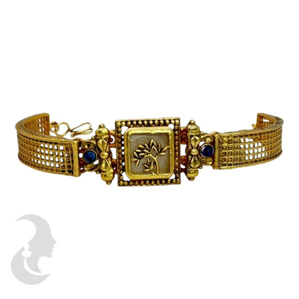 Gold Bracelet- Flower Desgin- Blue Color Stones, Product Code: V-2194