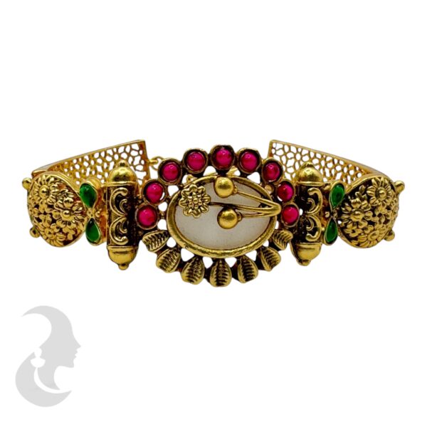 Gold Bracelet- Flower Desgin- Ruby & Green Color Stones, Product Code: V-2195