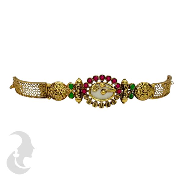 Gold Bracelet- Flower Desgin- Ruby & Green Color Stones, Product Code: V-2195 - Image 2