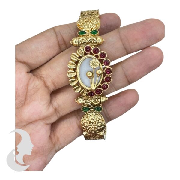 Gold Bracelet- Flower Desgin- Ruby & Green Color Stones, Product Code: V-2195 - Image 3