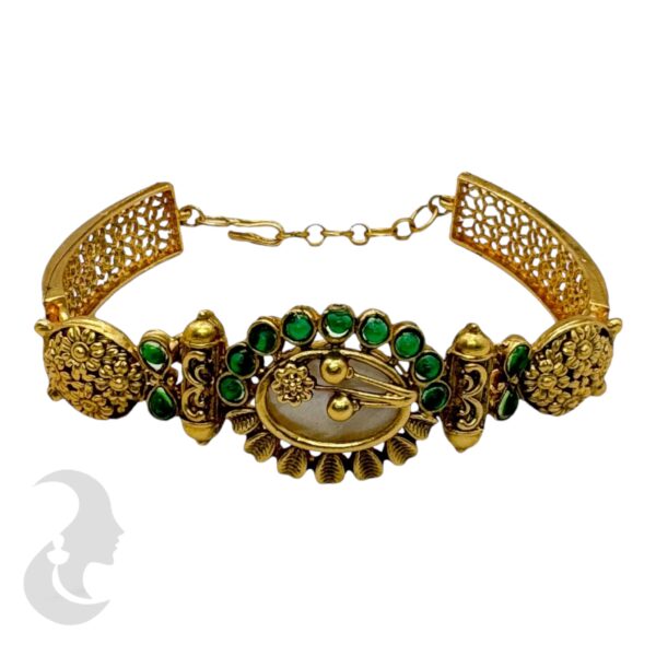 Gold Bracelet- Flower Desgin- Green Color Stones, Product Code: V-2196