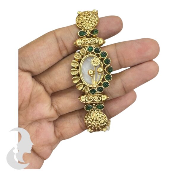 Gold Bracelet- Flower Desgin- Green Color Stones, Product Code: V-2196 - Image 3