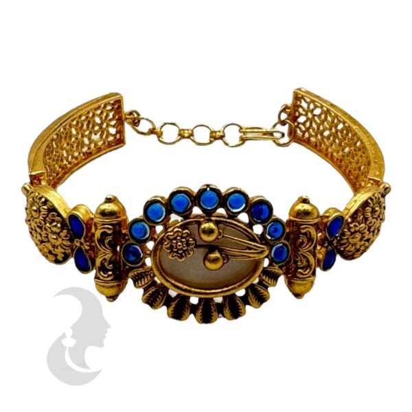 Gold Bracelet- Flower Desgin- Blue Color Stones, Product Code: V-2197