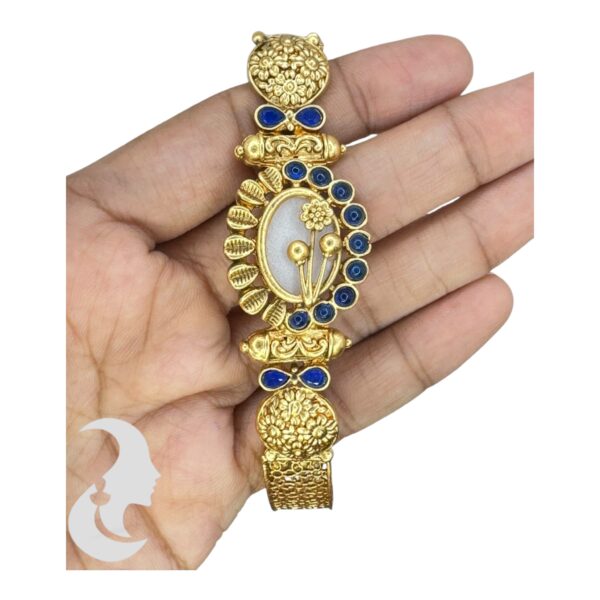 Gold Bracelet- Flower Desgin- Blue Color Stones, Product Code: V-2197 - Image 2