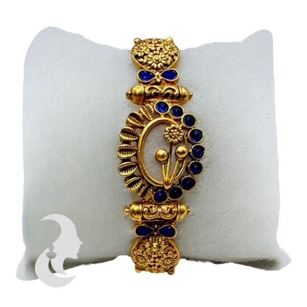 Gold Bracelet- Flower Desgin- Blue Color Stones, Product Code: V-2197 - Image 3