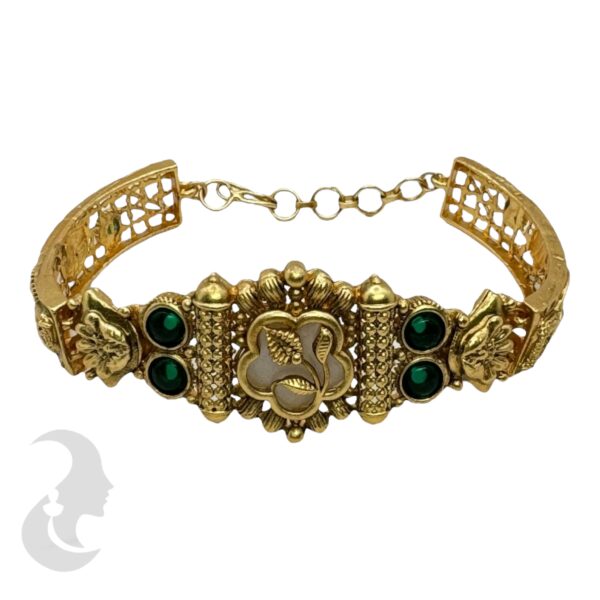 Gold Bracelet- Flower Desgin- Green Color Stones, Product Code: V-2200