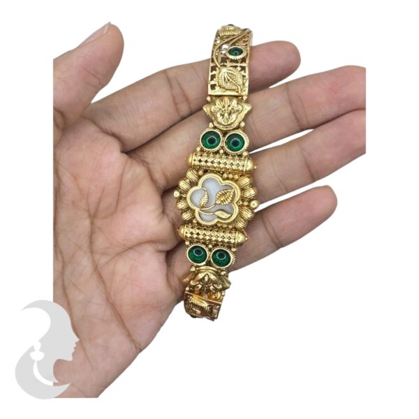 Gold Bracelet- Flower Desgin- Green Color Stones, Product Code: V-2200 - Image 3