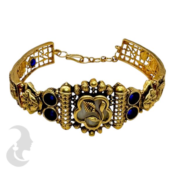 Gold Bracelet- Flower Desgin- Blue Color Stones, Product Code: V-2201