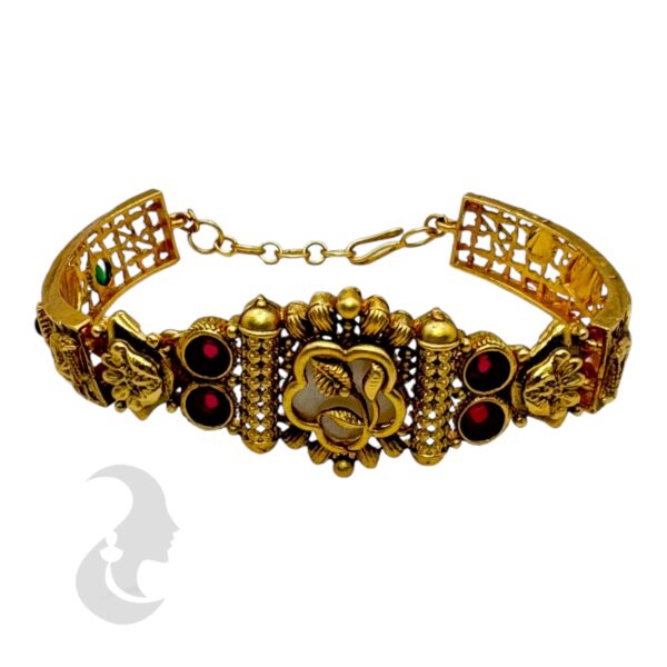 Gold Bracelet- Flower Desgin- Green & Ruby Color Stones, Product Code: V-2202