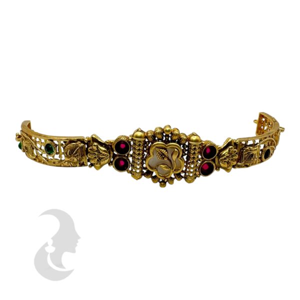 Gold Bracelet- Flower Desgin- Green & Ruby Color Stones, Product Code: V-2202 - Image 2