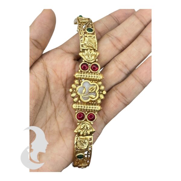 Gold Bracelet- Flower Desgin- Green & Ruby Color Stones, Product Code: V-2202 - Image 3