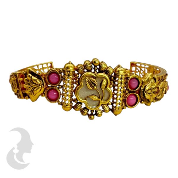 Gold Bracelet- Flower Desgin- Pink Color Stones, Product Code: V-2203