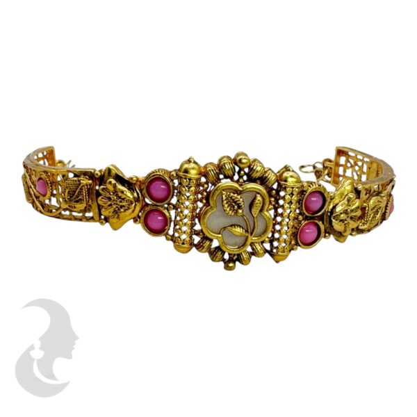 Gold Bracelet- Flower Desgin- Pink Color Stones, Product Code: V-2203 - Image 2