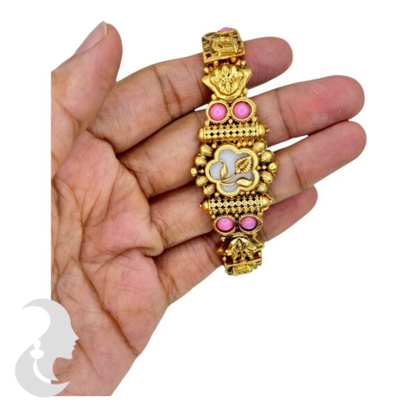 Gold Bracelet- Flower Desgin- Pink Color Stones, Product Code: V-2203 - Image 3