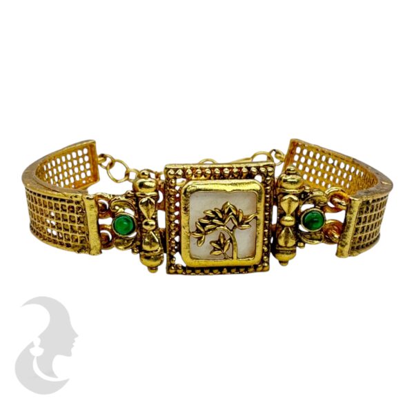 Gold Bracelet- Flower Desgin- Green Color Stones, Product Code: V-2206