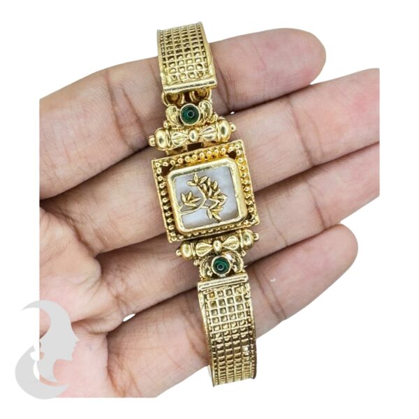 Gold Bracelet- Flower Desgin- Green Color Stones, Product Code: V-2206 - Image 3