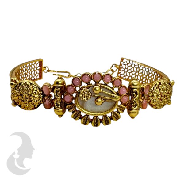 Gold Bracelet- Flower Desgin- Pink Color Stones, Product Code: V-2207