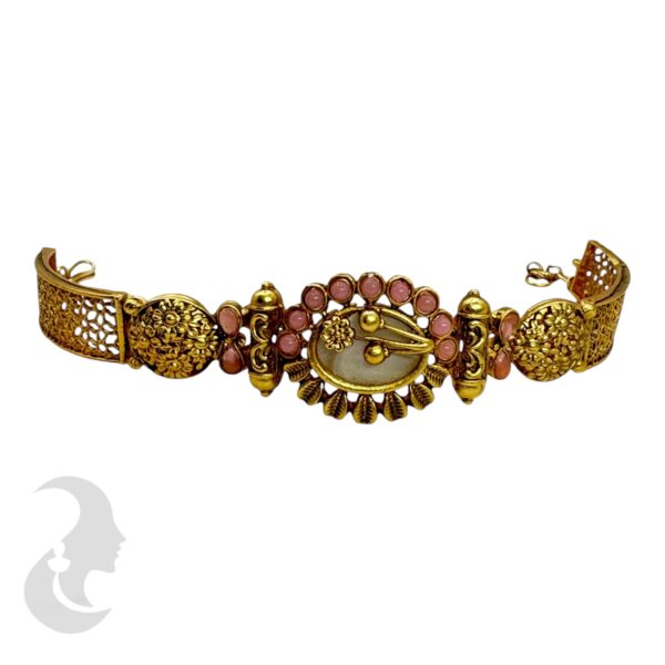 Gold Bracelet- Flower Desgin- Pink Color Stones, Product Code: V-2207 - Image 2