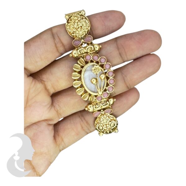 Gold Bracelet- Flower Desgin- Pink Color Stones, Product Code: V-2207 - Image 3