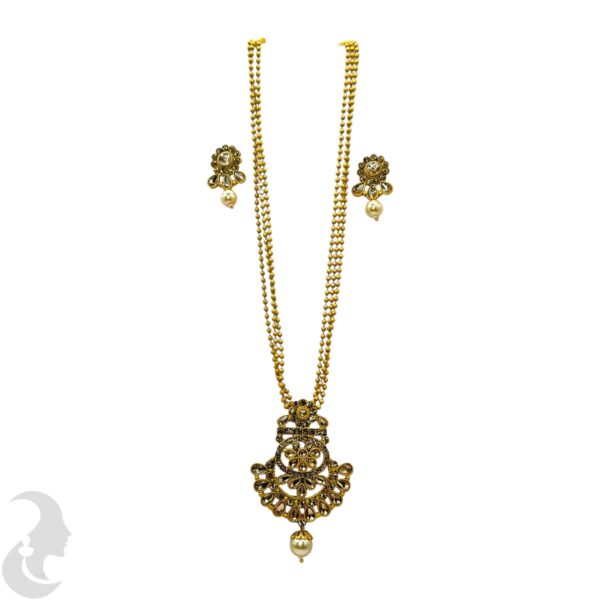 Three Layer Beads Necklace- Flower Pendant - Plain Stone - Studs, Product Code: V-1095