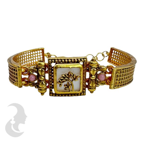 Gold Bracelet- Flower Desgin- Pink Color Stones, Product Code: V-2208