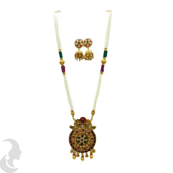 Long Non Idol Beads Chain- Red & Green Color Stones-Jhumka, Product Code: V-2209