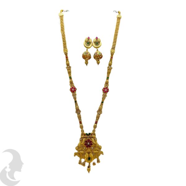 Long Non Idol Gold Chain- Red & Green Color Stones-Jhumka, Product Code: V-2213