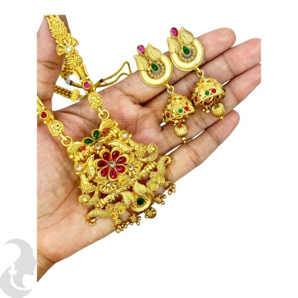 Long Non Idol Gold Chain- Red & Green Color Stones-Jhumka, Product Code: V-2213 - Image 2