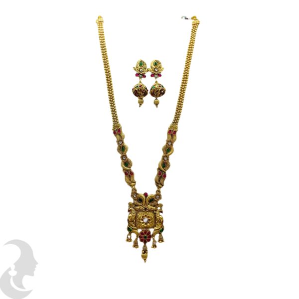 Long Non Idol Gold Chain- Red & Green Color Stones-Jhumka, Product Code: V-2214