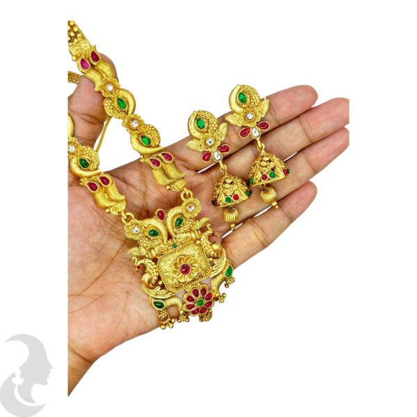 Long Non Idol Gold Chain- Red & Green Color Stones-Jhumka, Product Code: V-2214 - Image 2