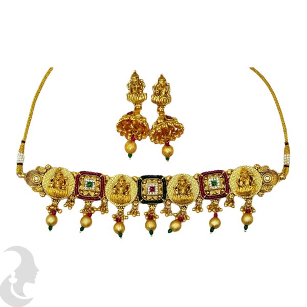 Premium Choker- Lakshmi Design- Ruby & Green Color Stones- Jhumka, Product Code: V-2215