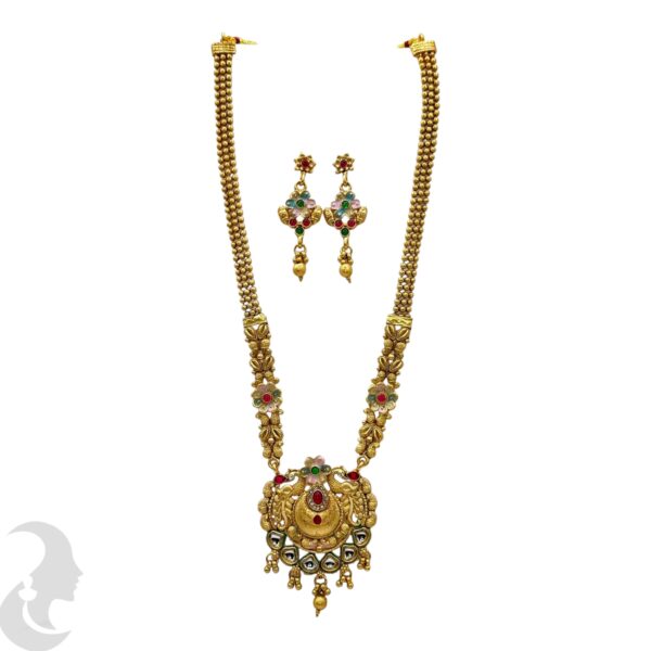 Long Non Idol Gold Chain- Kundan, Red & Green Color Stones-Hanging Earrings, Product Code: V-2216