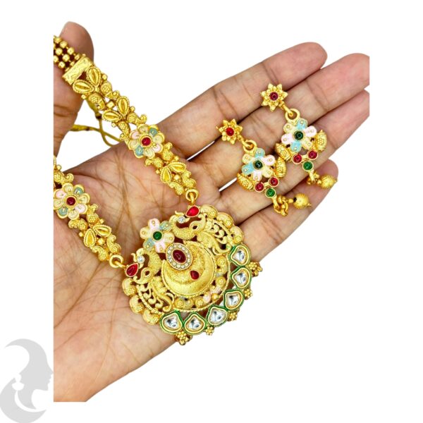 Long Non Idol Gold Chain- Kundan, Red & Green Color Stones-Hanging Earrings, Product Code: V-2216 - Image 2