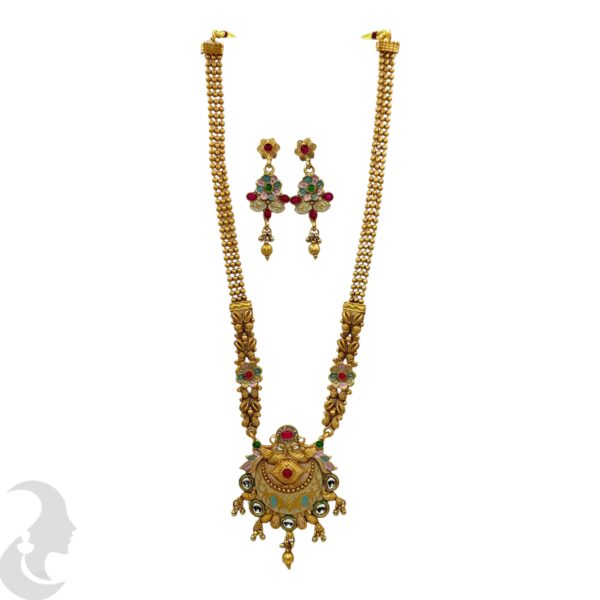 Long Non Idol Gold Chain- Kundan, Red & Green Color Stones-Hanging Earrings, Product Code: V-2217