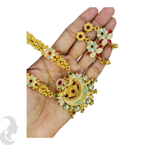 Long Non Idol Gold Chain- Kundan, Red & Green Color Stones-Hanging Earrings, Product Code: V-2217 - Image 2