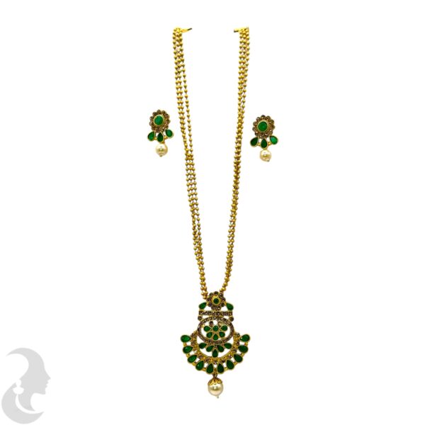 Three Layer Beads Necklace- Flower Pendant - Green Color Stone- Studs, Product Code: V-1096