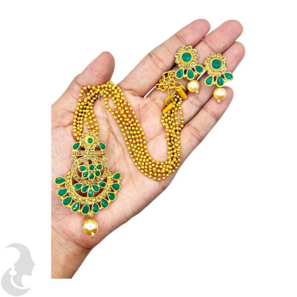 Three Layer Beads Necklace- Flower Pendant - Green Color Stone- Studs, Product Code: V-1096 - Image 2