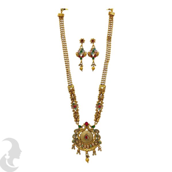 Long Non Idol Gold Chain- Kundan, Red & Green Color Stones-Hanging Earrings, Product Code: V-2218