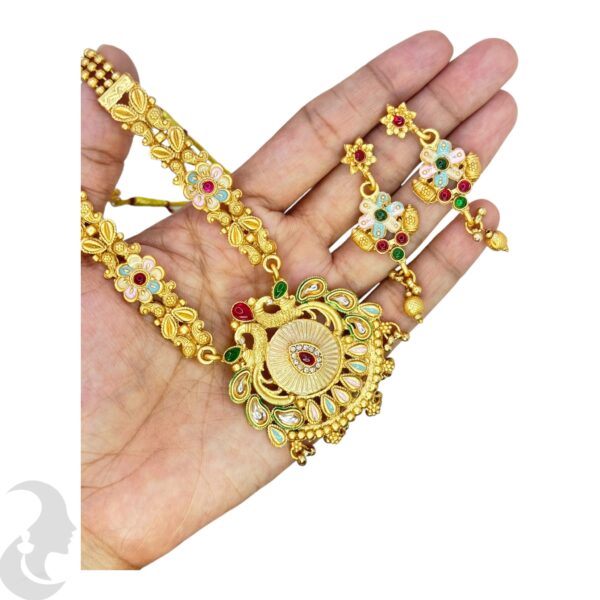 Long Non Idol Gold Chain- Kundan, Red & Green Color Stones-Hanging Earrings, Product Code: V-2218 - Image 2