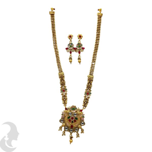 Long Non Idol Gold Chain- Kundan, Red & Green Color Stones-Hanging Earrings, Product Code: V-2219